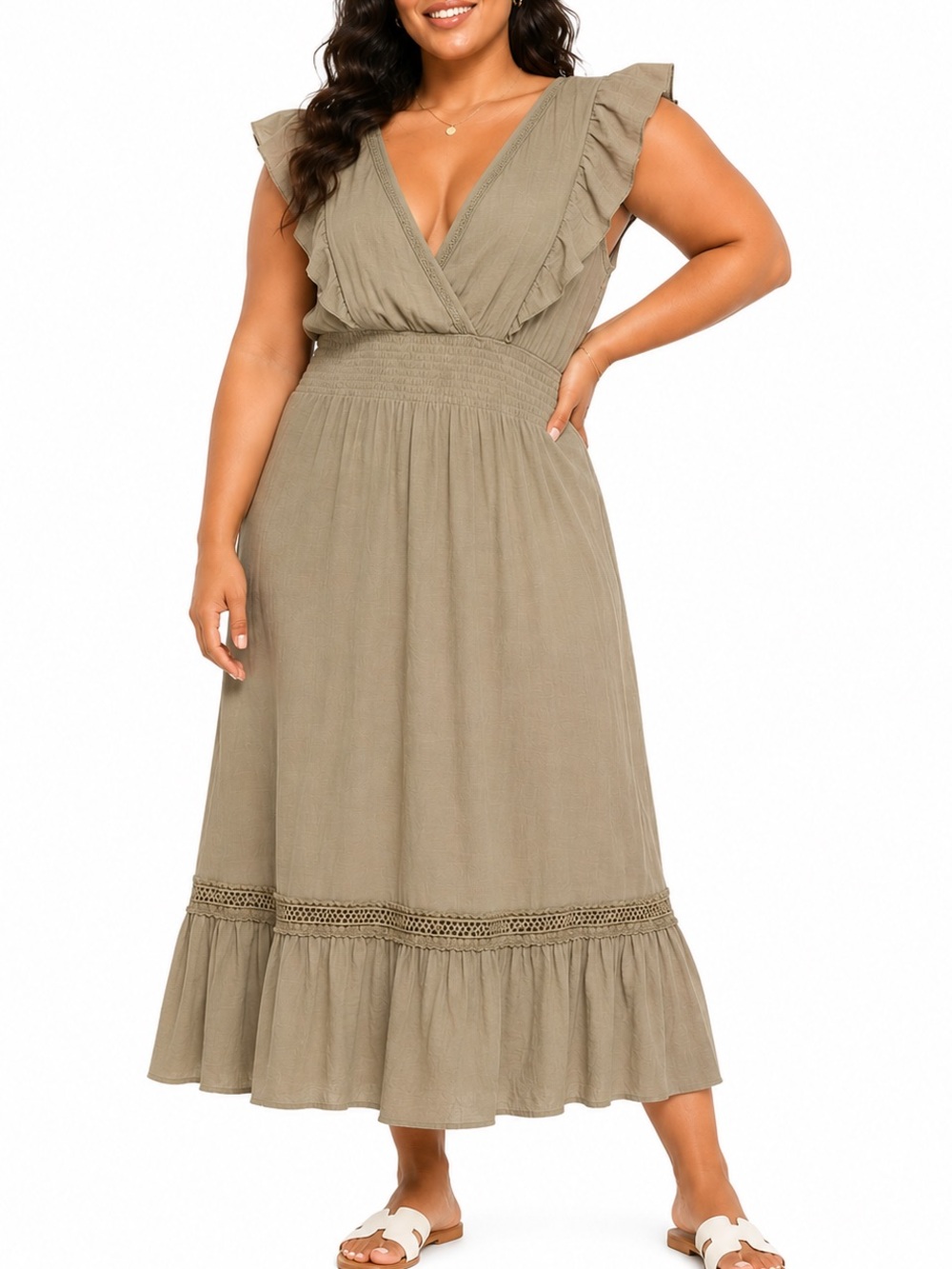 Ruffled Wrap Midi Dress in Taupe X-Large